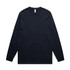 A navy blue long-sleeve t-shirt with a round neckline and a logo on the label.