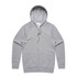 A grey zip-up hoodie featuring a drawstring hood and a logo.