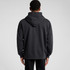 A black zip-up hoodie featuring a hood, displayed from the back, with a simple design and a logo.