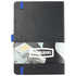 A black JournalBook with blue elastic closure and a logo, featuring a textured cover design.