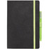 A bound journal with a black cover and a green pen attached, featuring a contrasting green elastic band.