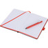 A bound journal with lined pages, featuring a bright orange cover and a matching pen. It has a bookmark ribbon.