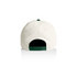 A two-tone cap featuring a cream exterior and a green adjustable strap at the back, with a logo present.