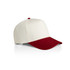A two-tone cap featuring a white crown and a red visor, with an adjustable back and a logo.