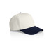 A two-tone cap featuring a white crown and a navy blue peak. It has a logo on the side.