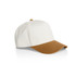 A two-tone cap featuring a white crown and a brown peak, with a logo on the side.