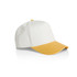 A two-tone cap featuring a white crown and a yellow brim. It has a logo on the side.