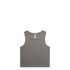 A grey organic rib crop tank top with a round neckline and sleeveless design, featuring a logo.