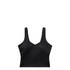 A black active bra tank featuring a v-neck design and wide straps. The garment has a minimalist style and a branding logo.
