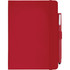A red hard-bound journal with a pen holder and elastic closure, featuring a branding logo.