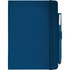 A hard-bound journal in navy blue with an elastic closure and attached pen holder. Features a logo on the cover.