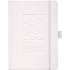 A white hard-bound journal with an embossed design and a ribbon closure. It features a logo on the cover.