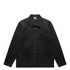 A black canvas chore jacket featuring a collared neck, button closure, and multiple front pockets.