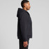 A black canvas bomber hood jacket with a side view, featuring a hood and front pockets.
