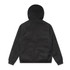 A black canvas bomber hood jacket with a minimalist design and a hood. Features a logo on one side.