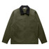 An olive green canvas collar jacket with a black collar and front pocket detail. It features long sleeves and a zip closure.
