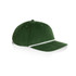A green corduroy cap with a white stripe, featuring a logo on the front.