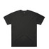 A black oversized tee with short sleeves and a branding logo on the neckline.