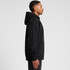A black hoodie with a kangaroo pocket, featured on a model from the side. It has a hood and a simple design.