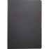 A black saddlestitch journal with a smooth cover and rounded corners, featuring an internal logo branding.