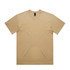A plain beige t-shirt with a round neck and short sleeves, featuring a logo at the collar.