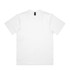A plain white T-shirt featuring a simple design and a branding label at the neckline.