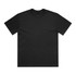 A plain black T-shirt featuring a crew neck and short sleeves, with a logo on the label.