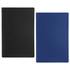 A solid saddlestitch bound journal book in black and blue colours, featuring a branding logo.