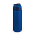 A drink bottle in blue with a dark blue lid. It features a logo on the side.