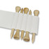 A white golf tee holder contains five bamboo golf tees in varying shapes.
