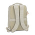A beige backpack featuring mesh fabric, padded shoulder straps, and a top handle. It has an understated design and a logo.