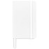 A white pocket notebook with a rubber band closure and a ribbon marker. It features a logo on the cover.