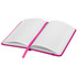 An open notebook with lined pages and a bright pink cover, featuring a matching ribbon bookmark.