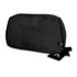 A black toiletry bag with a logo, featuring a sleek, minimalist design and a zip closure.