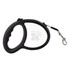 A retractable dog lead in black with a comfortable grip and a metal clip for attachment. It features a logo.