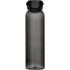 A drink bottle made from recycled plastic, featuring a dark grey body and a secure black lid.