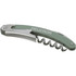 A green waitress knife with a corkscrew and a silver metal blade. It features a logo on the handle.