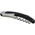 A black and silver waitress knife featuring a corkscrew and folding blade, with a metallic finish and a logo.