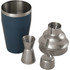 A stainless steel cocktail shaker set featuring a dark blue shaker, jigger, and two other metal components.