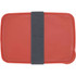A red lunch box with a grey strap, featuring a rectangular design and a smooth lid.