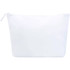 A white toiletry bag with a zip closure, featuring a simple design and a logo.