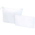 A set of two white, zippered toiletry bags of different sizes, featuring a logo.