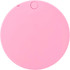 A round, pink makeup mirror with a smooth surface and a small button. It features a logo on the back.