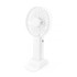 A portable white fan with a base, featuring a circular blade design and a power button.
