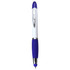 A ballpoint pen with a blue tip and grip, featuring a white barrel and a silver clip, includes branding.