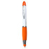 An orange and white ballpoint pen with a glossy finish and a silver clip.