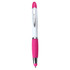 A pink and white ballpoint pen with a silver clip and a stylus tip. It has a smooth grip for comfort.