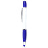 A blue and white ballpoint pen with a blue grip and a branding logo.