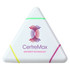 A triangular highlighter with pink, green, and yellow accents, featuring a logo on its surface.