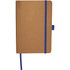 A brown journal with a blue elastic band and ribbon bookmark, featuring a logo on the cover.